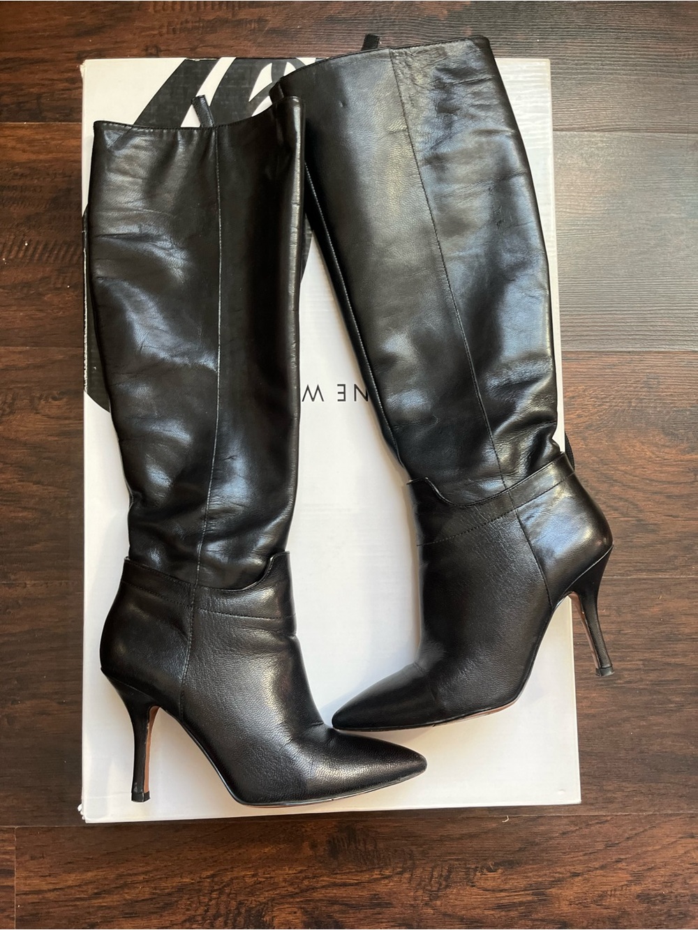 Nine West Black Leather Knee-High Stiletto Boots